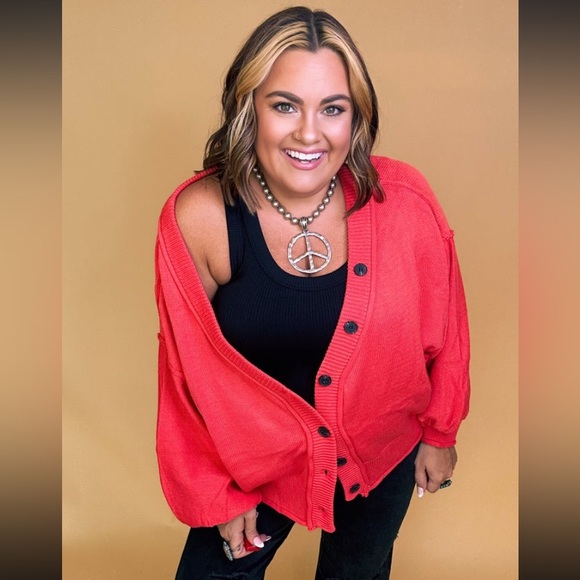 POL Candy Apple Dropped Shoulder Button Down Hacci Relaxed Fit Pullover Cardigan - Picture 2 of 10